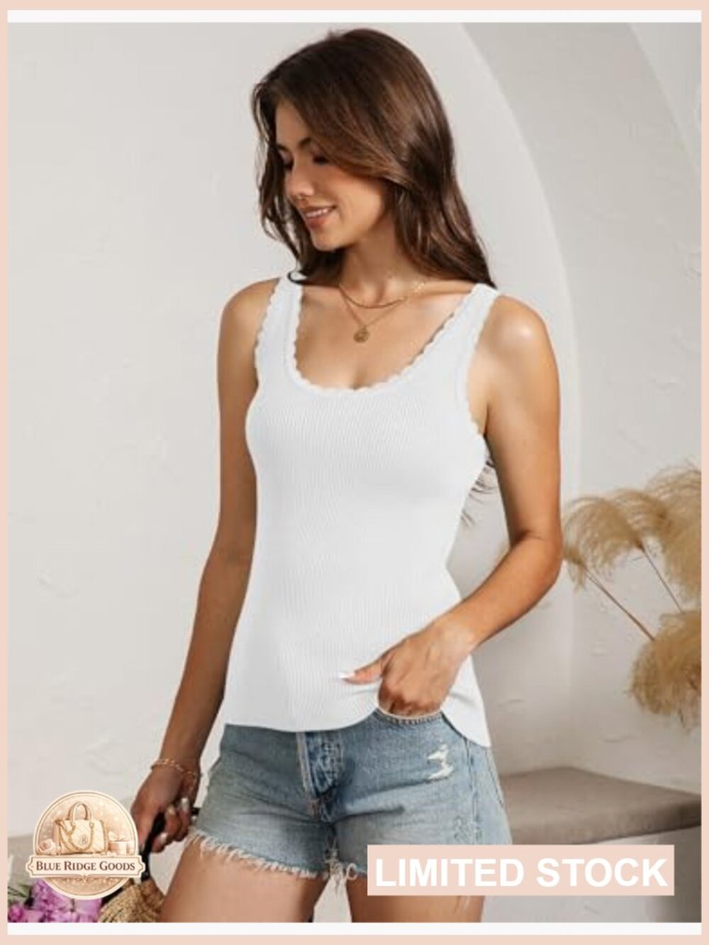 Scoop Neck Sleeveless Tank Top Ribbed Knit Scallop Edge Summer Casual Vest - Picture 4 of 7